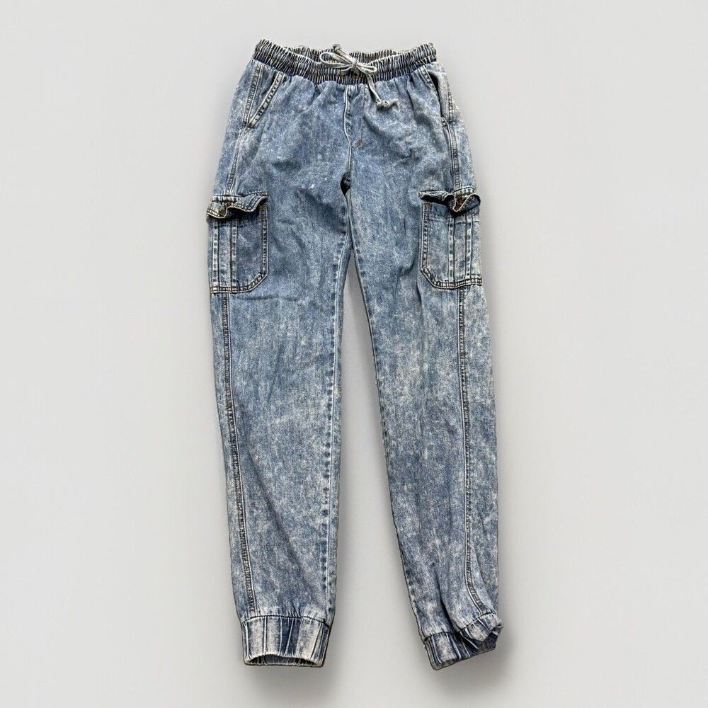 VIP Jeans Cargo Joggers Womens Small Blue Acid Wash Stretch Denim Elastic Waist